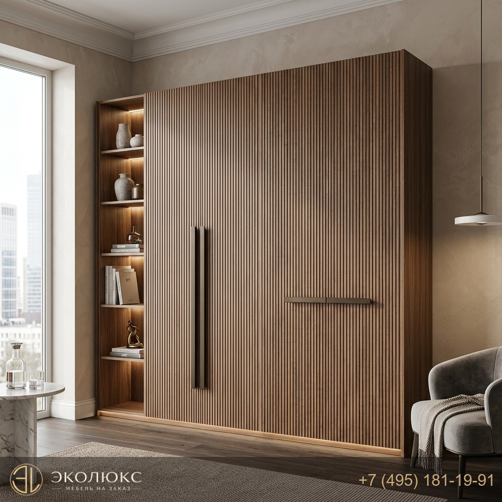 Шкаф во всю стену с рифлеными фасадами